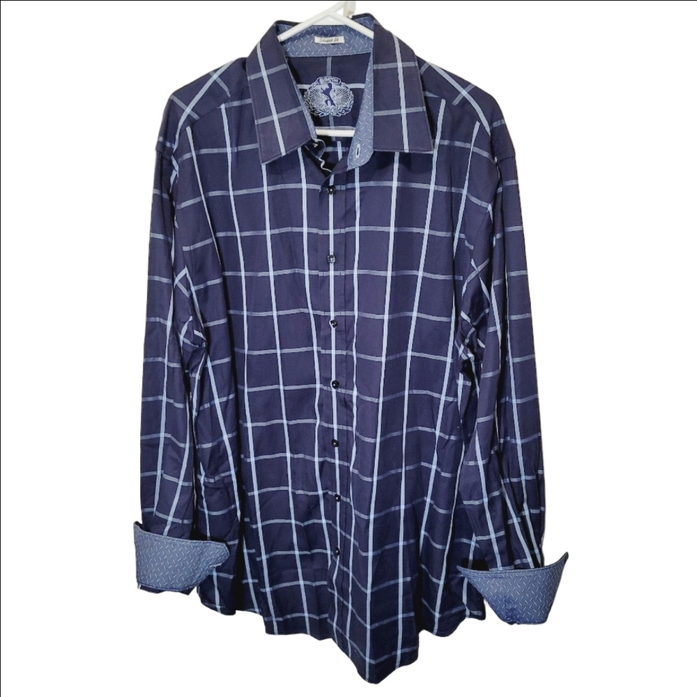 Bugatchi Plaid Blue Cotton Casual Button Down Mens Long Sleeve Shirt
